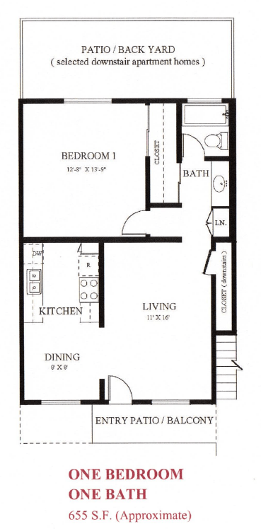 Floor plan for 1 bed, 1 bath, 655 sqft